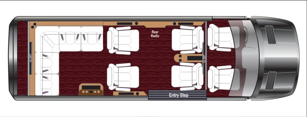 seating arrangement for the Mercedes-Benz Sprinter van party bus conversion
