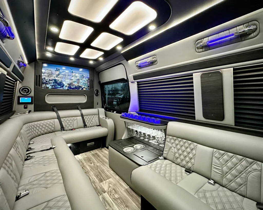 wide angle view of interior of the mercedes-benz limo bus